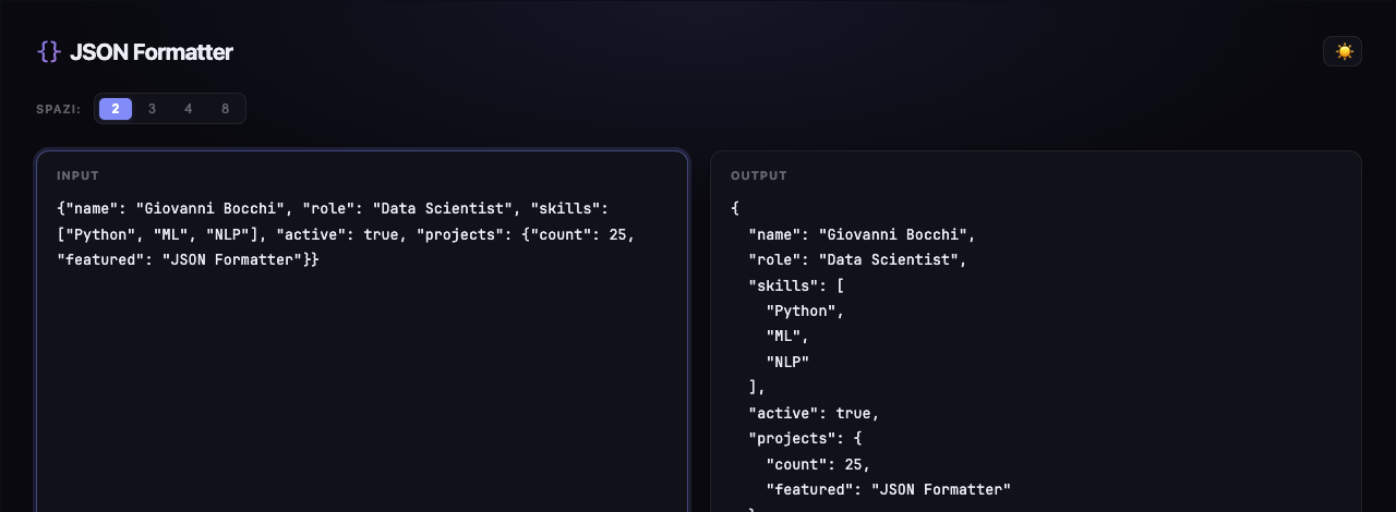Immagine JSON Formatter - Web Application